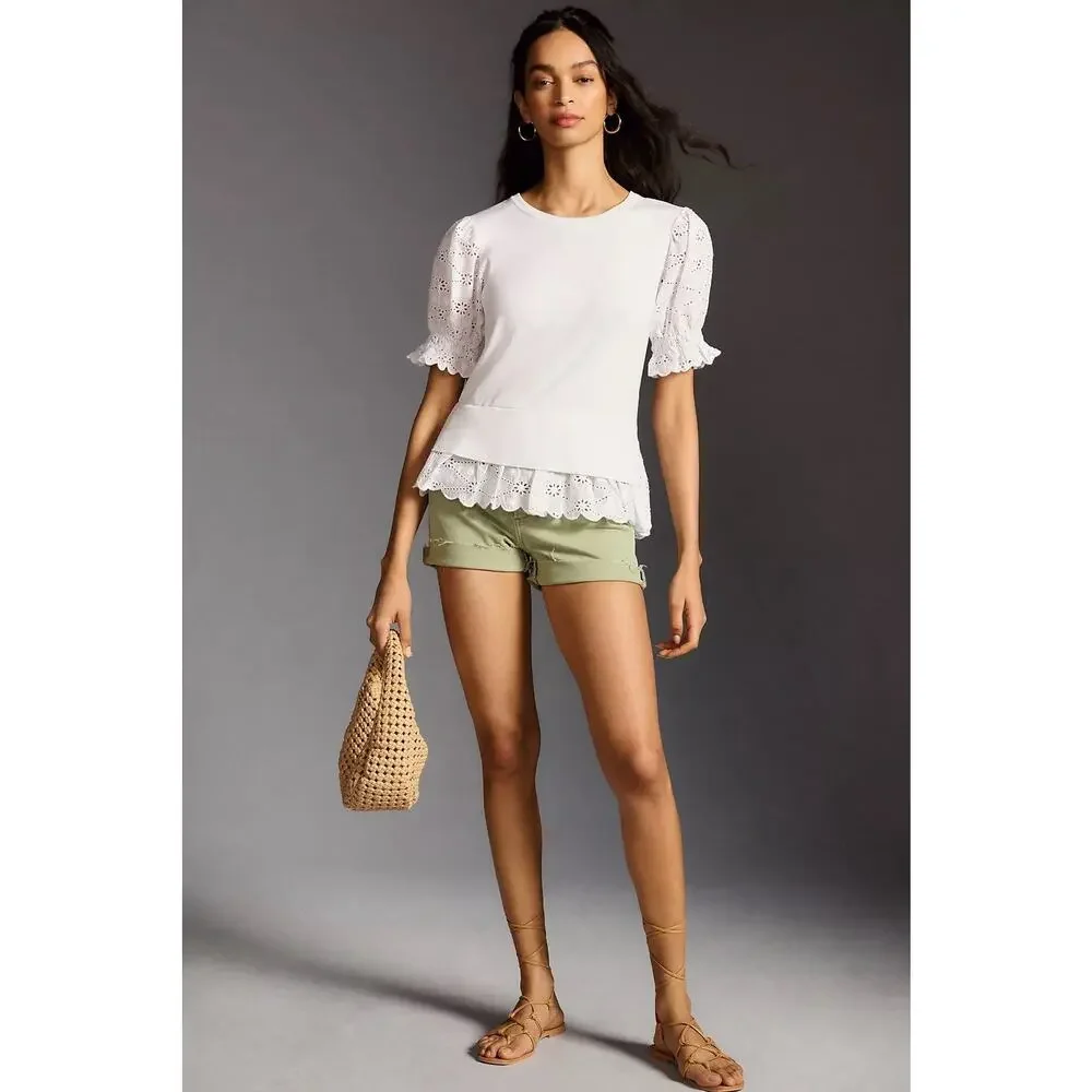Anthropologie English Factory Eyelet Puff-Sleeve Sweater Tee Anthro Large